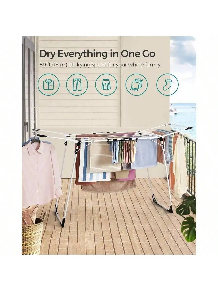 SONGMICS Foldable Gullwing Clothes Drying Rack – Space-Saving Laundry Rack with Sock Clips, 22.2"x68.1"x38"