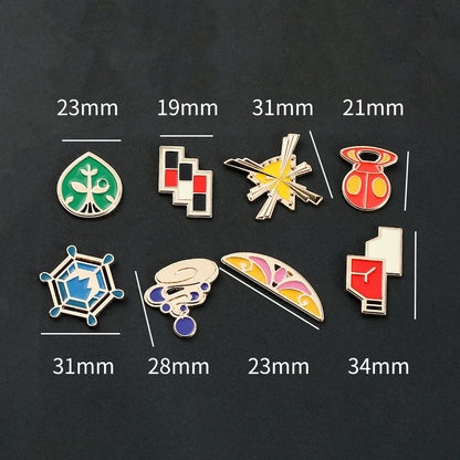 Pokemon Gym Badges Pin Set — Kanto, Johto, Hoenn, Sinnoh, Unova, Kalos & Orange Islands League Brooches with Box, Pocket Monster Collection