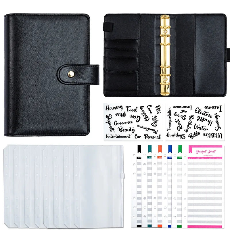 A6 Gold Ring Budget Planner Binder – Gold, Purple & Black with Zipper Cash Envelopes for Money Organization