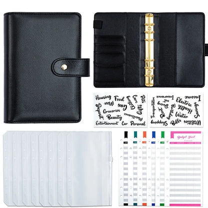 A6 Gold Ring Budget Planner Binder – Gold, Purple & Black with Zipper Cash Envelopes for Money Organization