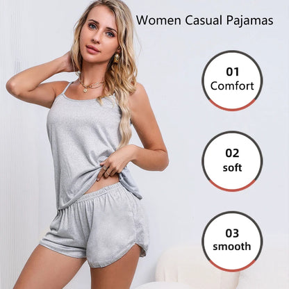 Women’s Summer Pajama Set – Pink & Gray Camisole with Shorts, Soft Nightwear XL XXL