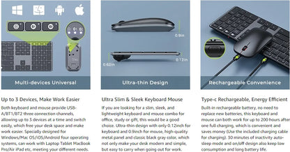 Seenda Wireless Bluetooth Keyboard and Mouse Combo – Multi-Device Rechargeable Slim Set for Windows, MacBook Pro & Air