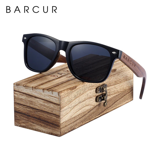 BARCUR Black Walnut Wood Polarized Sunglasses for Men – High-Quality Square UV400 Eyewear with Original Box