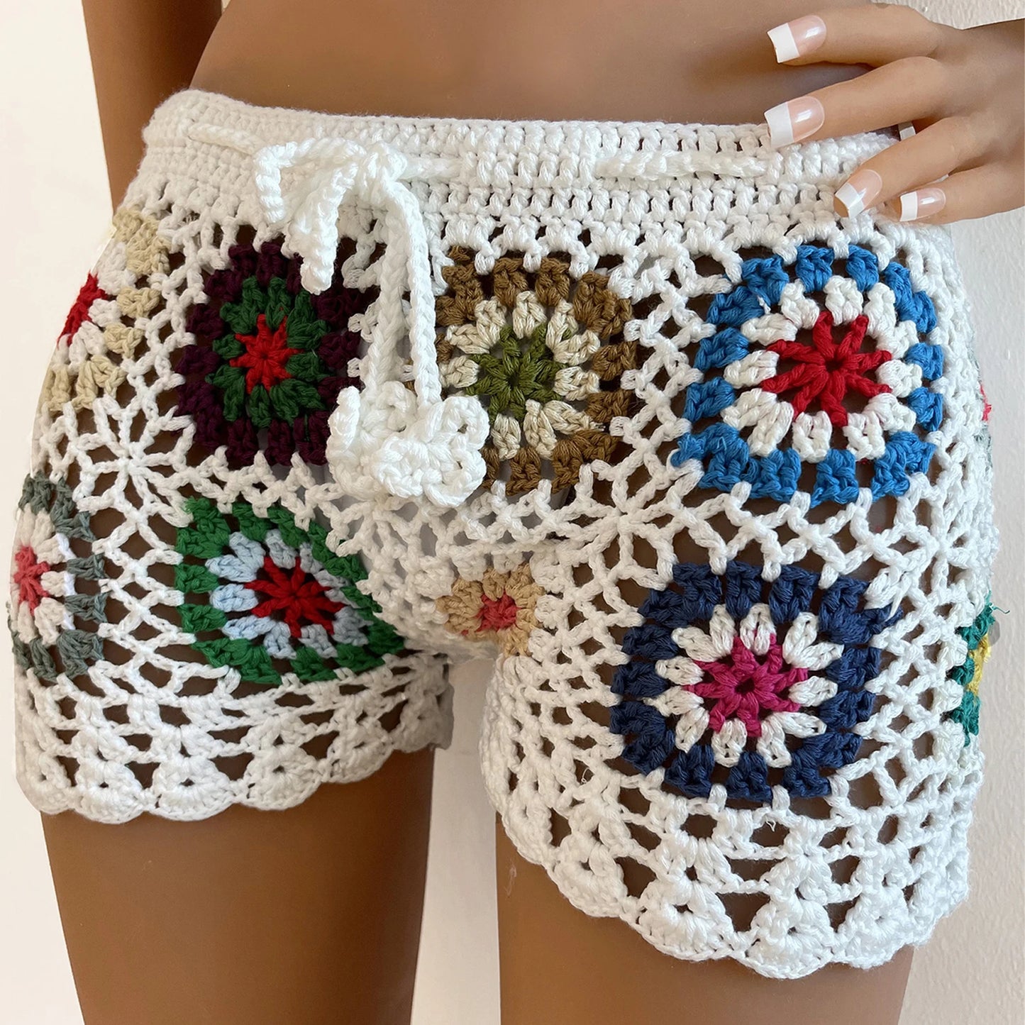 Women’s Knit Crochet Beach Shorts – Hollow Out Swimsuit Cover Up, Elastic Waist Drawstring Casual Lounge Swimwear Shorts