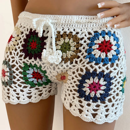 Women’s Knit Crochet Beach Shorts – Hollow Out Swimsuit Cover Up, Elastic Waist Drawstring Casual Lounge Swimwear Shorts