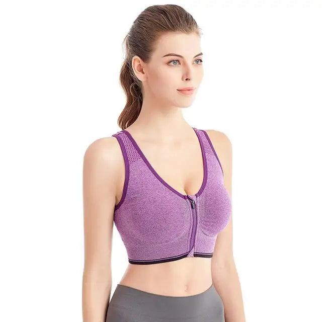 Women's Running Sports Bra – Front Zipper, Shockproof, Seamless & Breathable Bralette Without Underwire
