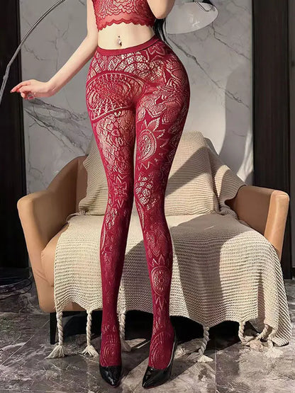 Black & Red Flower Lolita Women’s Socks – Classic Lace Mesh Pantyhose Tights with Rattan Stocking Design