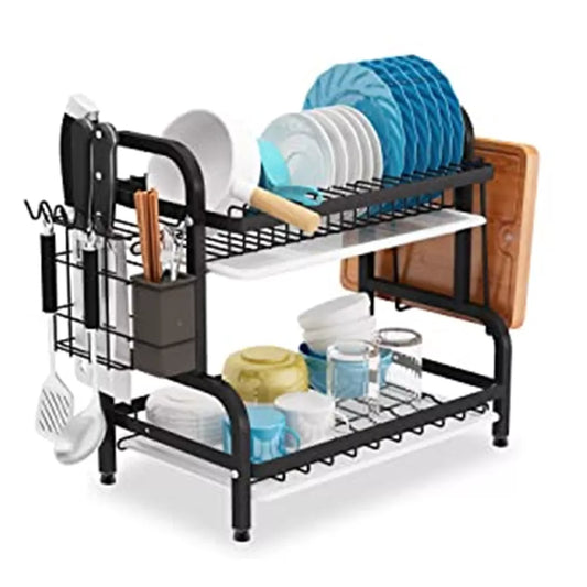 Compact 2-Tier Dish Drying Rack Set: Large Rust-Proof Drainer with Utensil Holder - Efficient Kitchen Organization