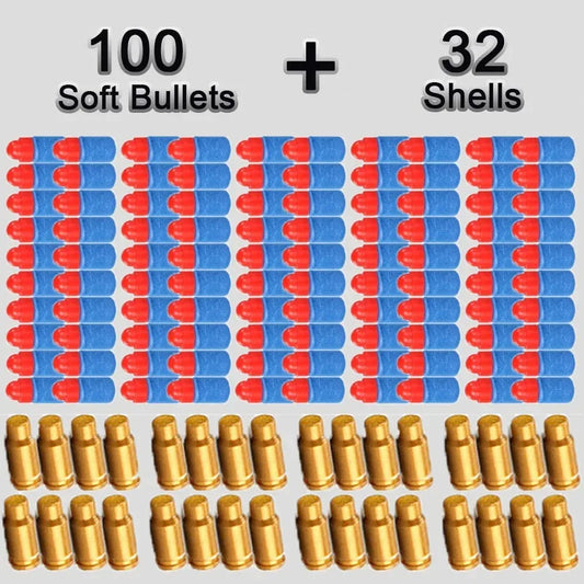 32 Shells & 100 Soft EVA Bullets – Toy Gun Ammo for Glock, Colt 1911 Shooting Game for Kids & Boys