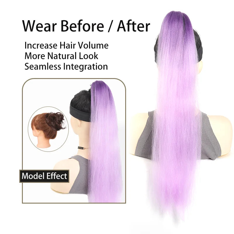 26" Synthetic Ponytail Extension - Long Straight Ombre Pink Purple Blue Hair with Elastic Tie
