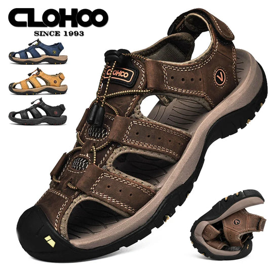 CLOHOO Men's Leather Sandals - Handmade Thick Sole Breathable Slip-On Beach Shoes