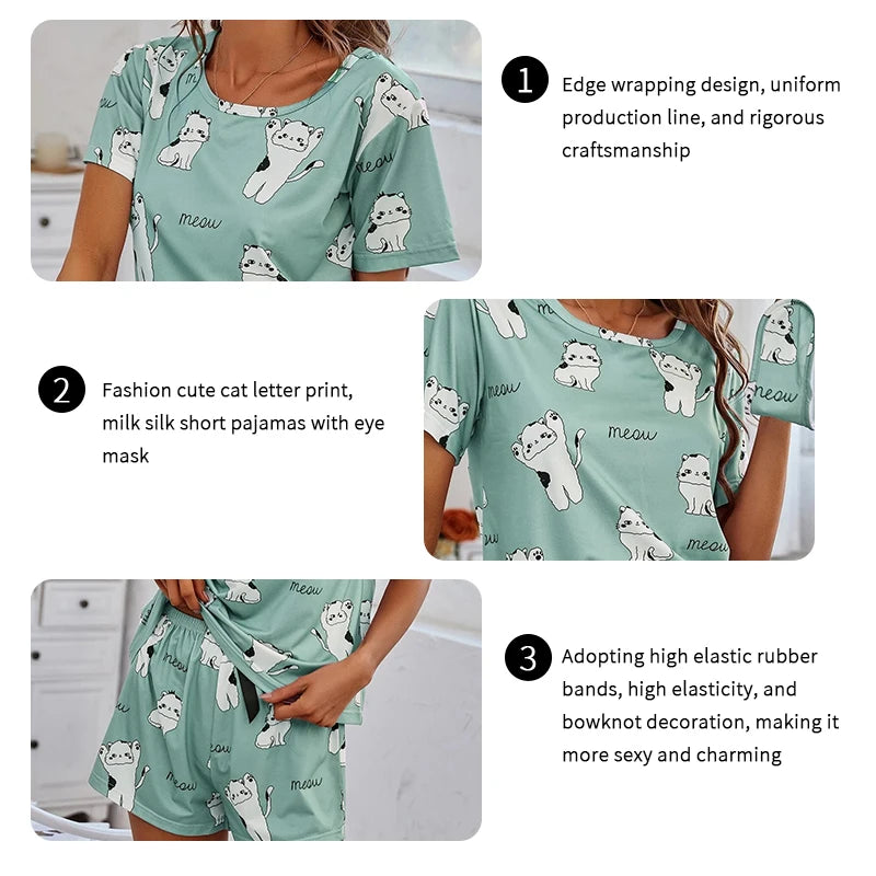Women's 2-Piece Pajamas Set – Short Sleeve Cartoon Print Top and Pants Sleepwear Loungewear