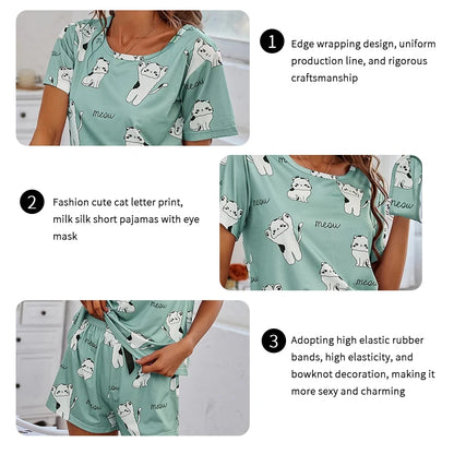 Women's 2-Piece Pajamas Set – Short Sleeve Cartoon Print Top and Pants Sleepwear Loungewear