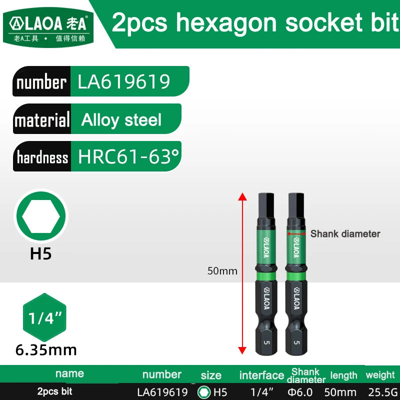 LAOA 2-Piece Alloy Steel Magnetic Impact Driver Bits - Impact-Resistant Cross & Hex Socket Bits