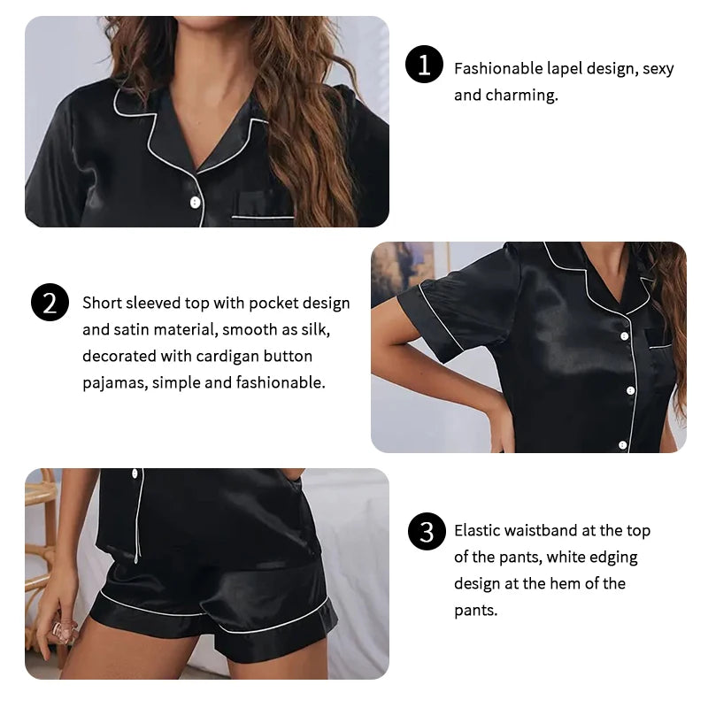 Women’s Satin Pajama Set – 2-Piece Button-Down Top & Shorts Sleepwear Loungewear for Summer