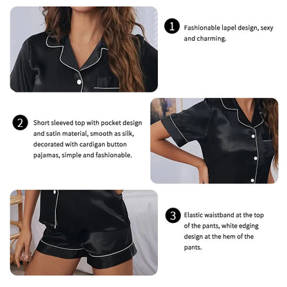 Women’s Satin Pajama Set – 2-Piece Button-Down Top & Shorts Sleepwear Loungewear for Summer