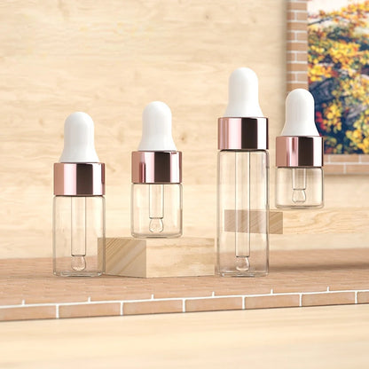 Mini Dropper Bottles - 10/20pcs Glass Empty Essential Oil Aromatherapy Bottles with Rose Gold Caps - Includes Pipettes - Various Sizes (1ml, 2ml, 3ml, 5ml)