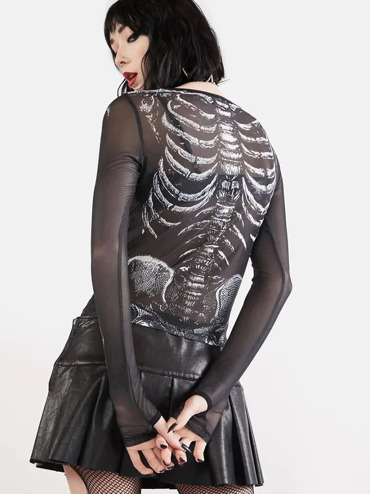 Gothic Punk Shirt for Women – 2000s Skeleton Pattern Round Neck Long Sleeve Crop Top, Black Dark Academia Y2K Streetwear Tee