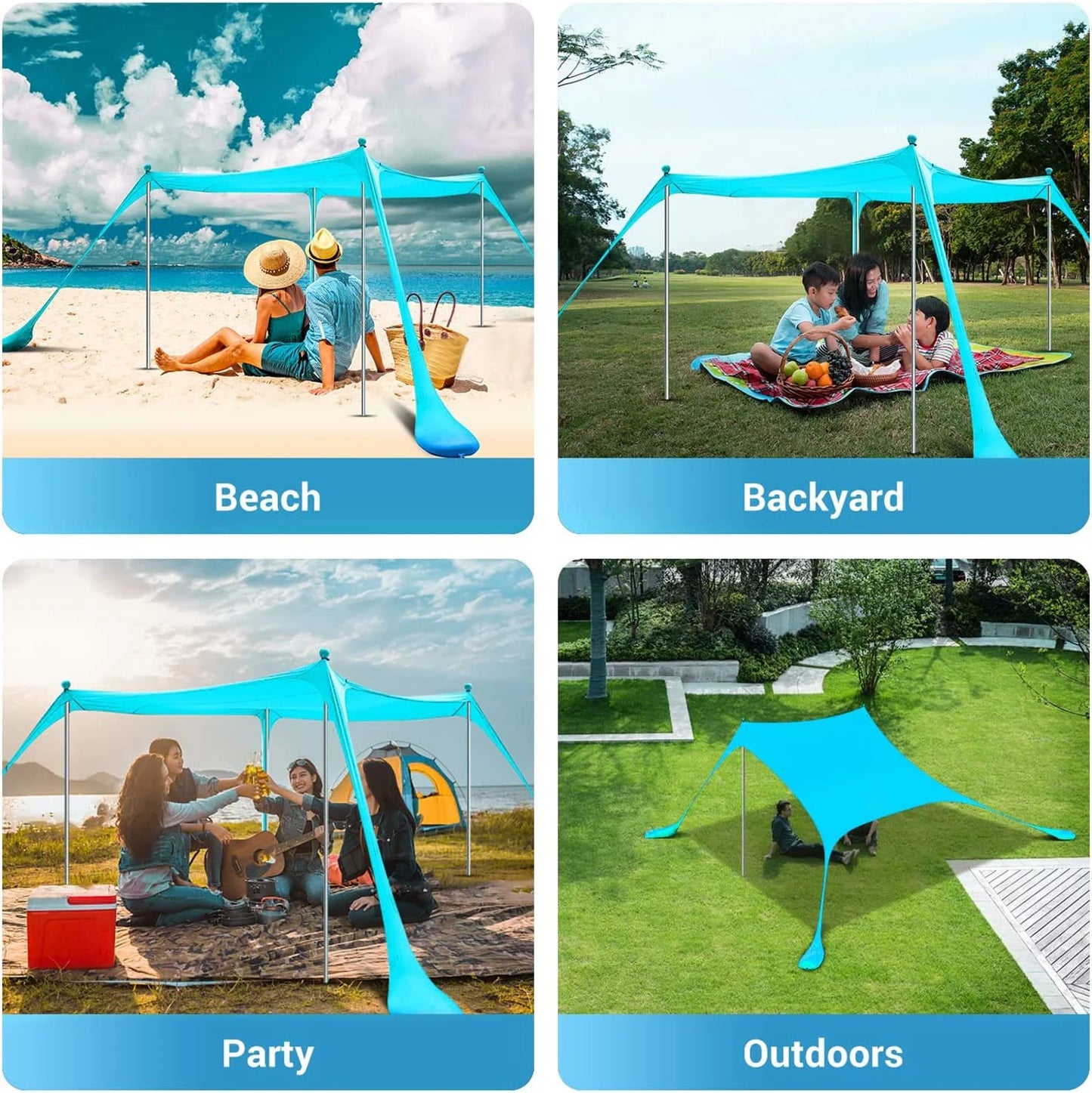 Family Beach Canopy – Large UPF50+ Sunshade Tent with Stability Poles for Beach, Camping, Parties & Picnics