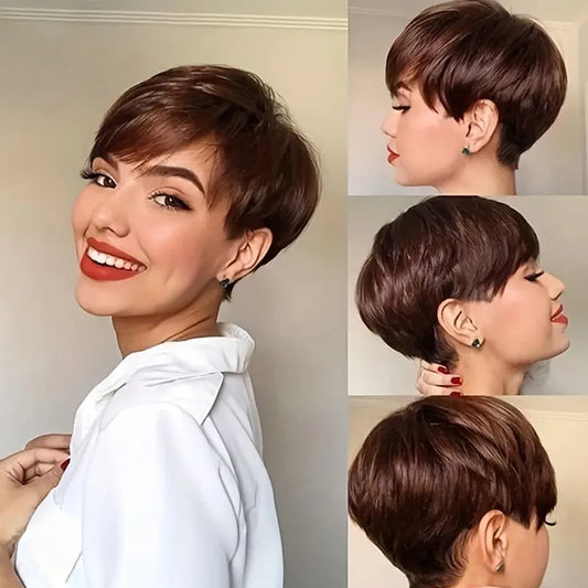 Pixie Short Cut Human Hair Wig with Bangs – Straight Brazilian Natural Black Colored Full Machine-Made Wig for Women