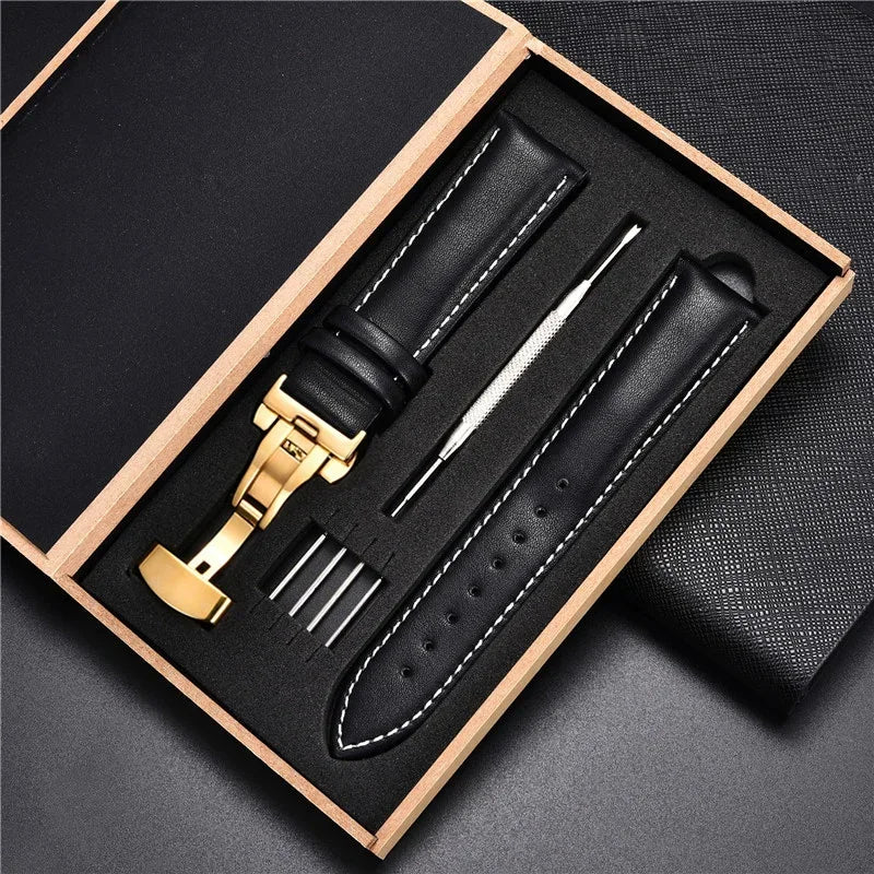 Genuine Leather Watch Strap - 18mm, 20mm, 22mm & 24mm Replacement Band with Butterfly Buckle for Men and Women
