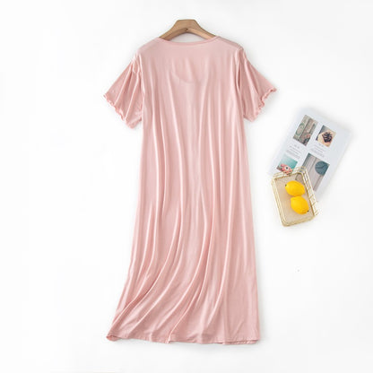 Women’s Modal Short-Sleeve Night Dress – Mid-Length Cotton Sleep Top with Buttons, Plus Size Pajamas