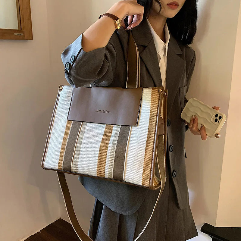 MOODS Quality Canvas Tote Bag for Women 2023 – Luxury Designer Handbag, Contrast Color Striped, Big Shoulder Crossbody Shopper Totes