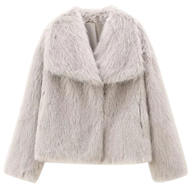 HXAO Women's Fur Coat – 2024 Plush Burgundy Bomber Jacket, Solid Crop Long Sleeve Warm Winter Casual Coat