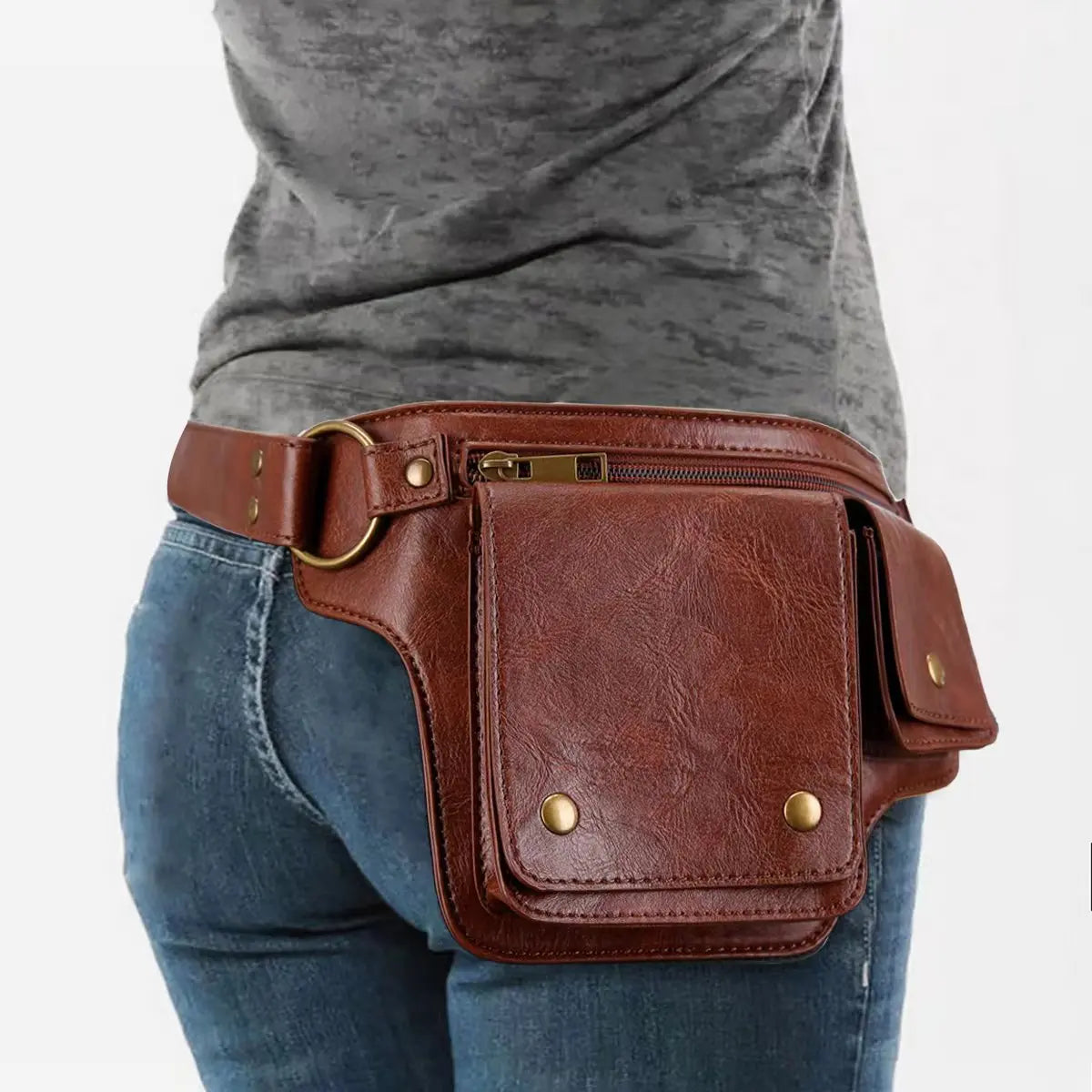 Cool Punk Motorcycle Style Waist Bag – Retro Adjustable Belt Bag for Outdoor Sports, Fashionable Fanny Pack