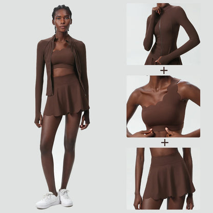 3-Piece Women’s Fitness Yoga Set – Breathable Quick-Dry Gym & Running Sportswear with Tennis Skirt