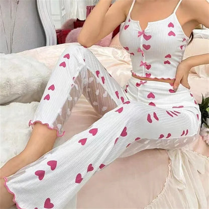 Heart Print Pajama Set - Women's Ribbed Cami Top & Long Lounge Pants