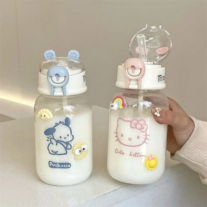 Sanrio Anime Transparent Straw Cup – Hello Kitty & Pochacco 500ML Plastic Water Cup with Handle for Students