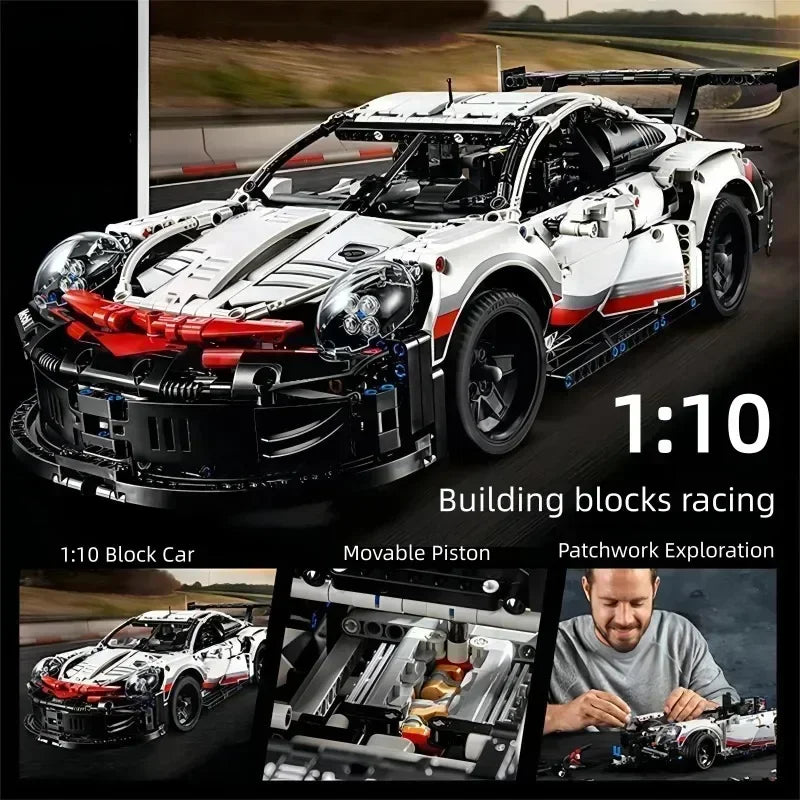 911Rsr 1580PCS 1:10 Electric Sports Car Model - Assembled Building Blocks with Remote Control and Lights, Boy Toy