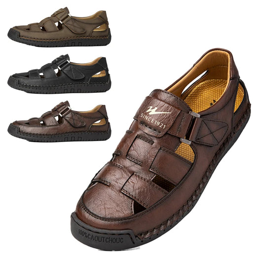 Men's Wide Toe Leather Sandals - Breathable Hollow Out Closed Toe Roman Casual Shoes Plus Size