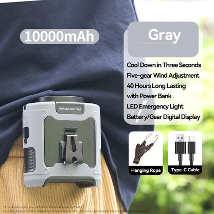 20000mAh Outdoor Portable Waist Fan - Hanging Neck Fan with Strong Wind, Power Bank & LED Lighting for Sports & Outdoor Work
