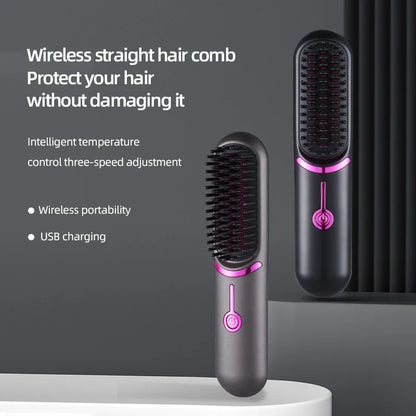 Cordless Mini Hair Straightening Brush – Portable Ionic Hot Comb for Women