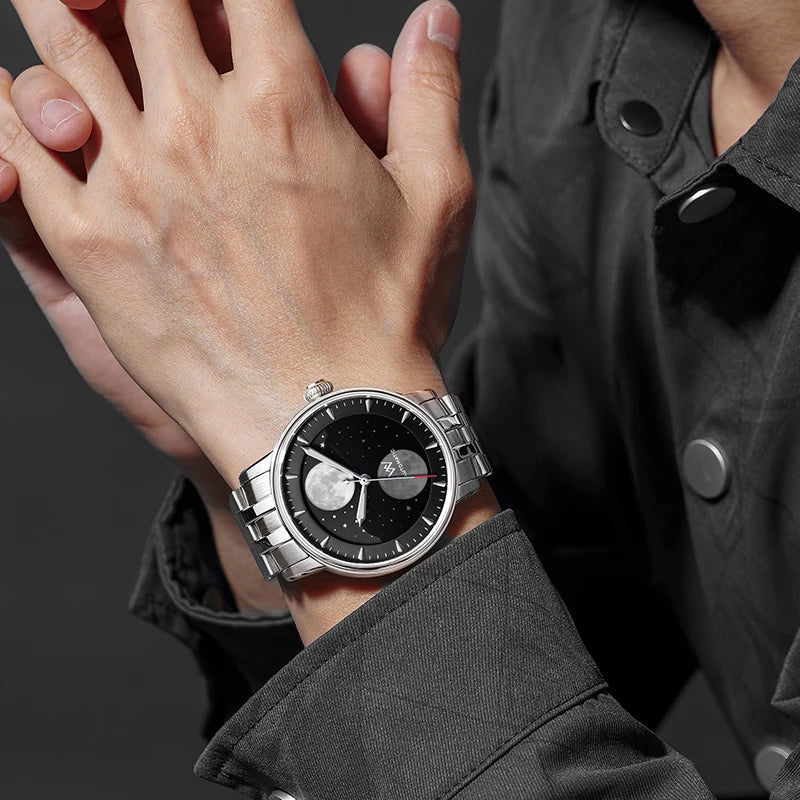 WM Welly Merck Automatic Mechanical Men's Watch — Lunar Moon Phase, Sapphire, Waterproof, Luminous Twin Moons WM142