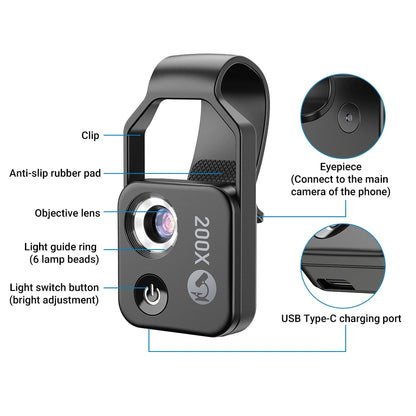 100X/200X Microscope Phone Lens with Clip – Magnifier for Plants, Insects, Hair, Skin, Jewelry & Jade Inspection