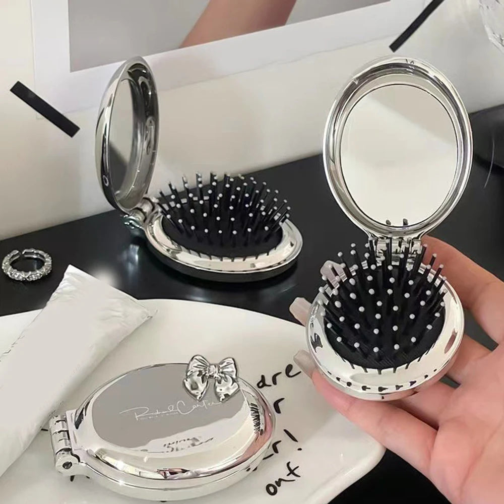 Folding Comb with Mirror - Portable Scalp Massage Hair Styling Brush for Women