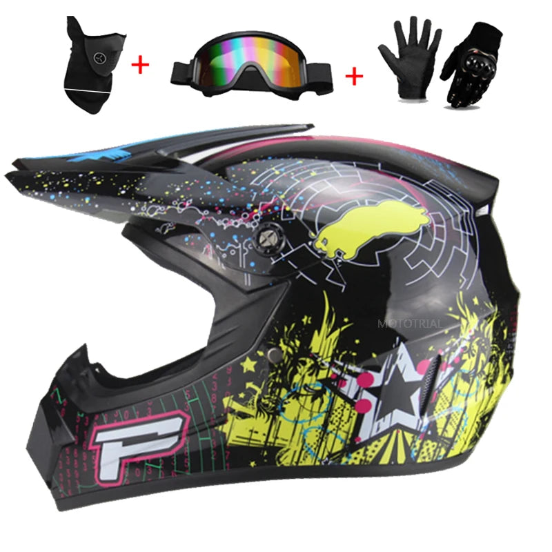 Youth & Kids Motorcycle Full Helmet - Children’s Motocross Casco Moto, Off-Road Protective Helmet with Goggles & Gloves