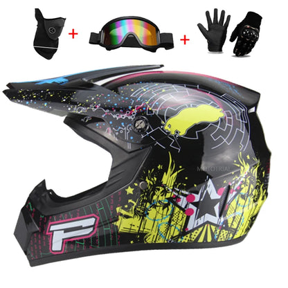 Youth & Kids Motorcycle Full Helmet - Children’s Motocross Casco Moto, Off-Road Protective Helmet with Goggles & Gloves