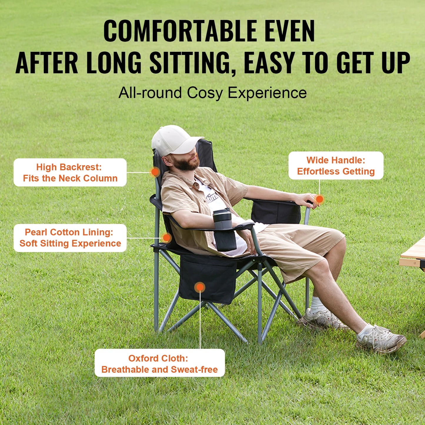 Camping Folding Chair — Portable Padded Armchair with Lumbar Support & Side Pockets for Beach, Lawn, Picnic