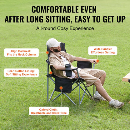Camping Folding Chair — Portable Padded Armchair with Lumbar Support & Side Pockets for Beach, Lawn, Picnic