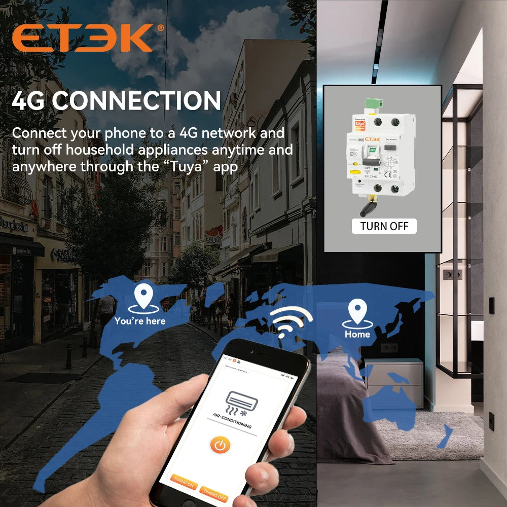 ETEK Tuya WiFi Smart Circuit Breaker RCBO – Remote Control, Short Circuit Protection, Timer, 2P 16A-63A, Smart Life App (EKR3L)
