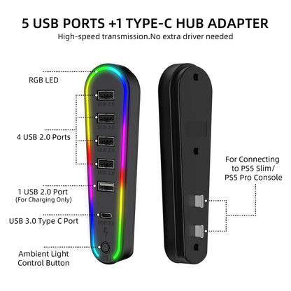 PS5 Slim/Pro 6-in-1 USB Hub Splitter – Controller Charging Expansion Adapter with 5 RGB Lights (JYS-P5231) for PlayStation 5 Accessories