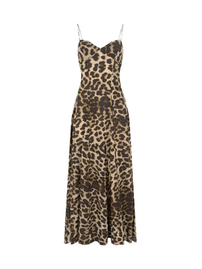 Elegant Leopard Print A-Line Long Dress – Y2K Backless Tube Top Summer Beach Dress for Women 2025