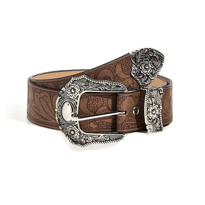 Western Brown PU Leather Vintage Belt for Women — Cowgirl Waist Belt with Metal Carved Buckle, 3-Set Designer Belts for Jeans