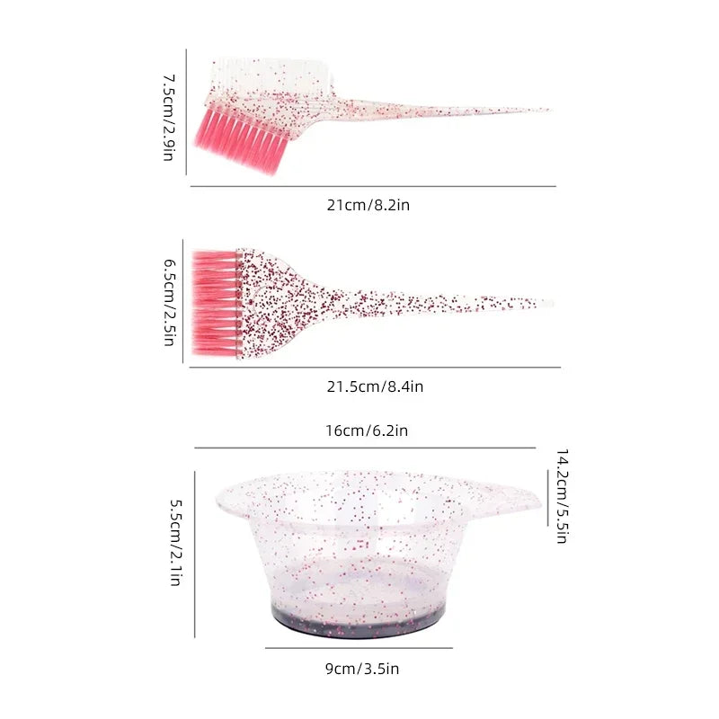 3pcs Hair Coloring Brush Set – Shiny Crystal Mixing Bowl & Easy-Clean Tinting Brushes for Salon & DIY Hairdressing