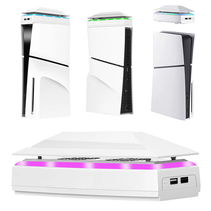 PS5 Slim RGB Cooling System with Dust Cover – Dual USB Ports, 3-Speed Adjustable Fan & Colorful LED Cooling Base for Disc/Digital Console