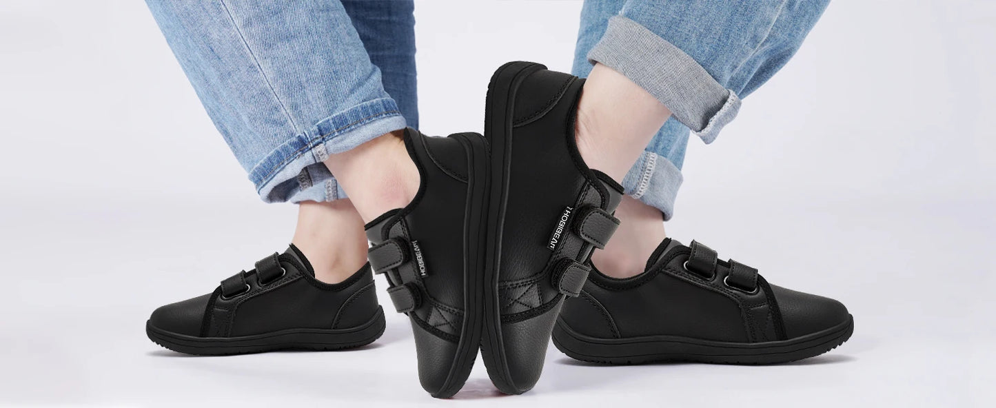HOBIBEAR Wide-Toe Family Sneakers — Barefoot Minimalist Lace-Up Casual Walking Shoes with Hook & Loop Faux Leather